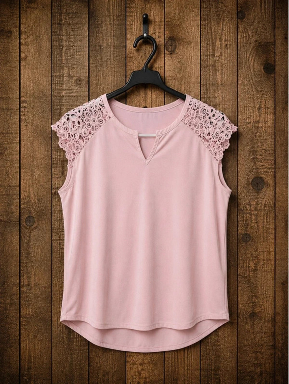 Womens XL pink blouse white lace caped sleeve